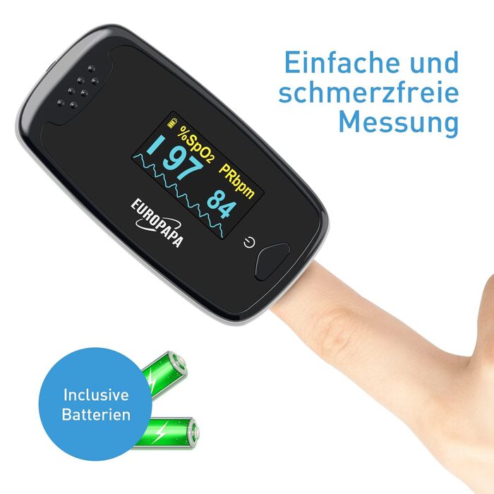 Пульсоксиметр EUROPAPA: вимірювання SpO2 та пульсу з OLED дисплеєм (чорний)