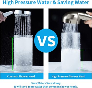 KAIYING Drill-Free High-Pressure Handheld Showerhead with ON/OFF Pause Switch, 3 Spray Modes, Water-Saving Showerhead, Detachable Puppy Shower Accessory (M: Showerhead + Holder + Hose) (Brushed Nickel)