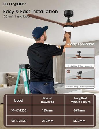 Стеляний вентилятор з дерева з підсвічуванням, 90 см, тихий DC-двигун, 6 швидкостей, пульт з пам'яттю, таймер, 24W LED, регулювання яскравості