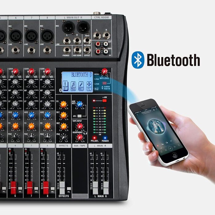 Depusheng DA8 Професійний 8-канальний стерео аудіомікшер Bluetooth USB, з підсилювачем, фантомним живленням і записом для комп'ютера