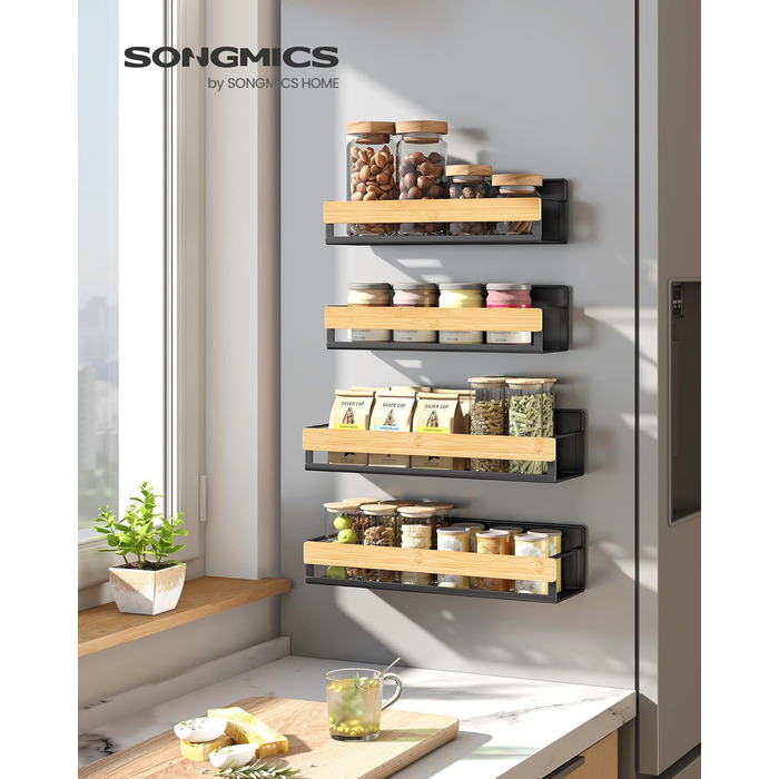 Магнітний органайзер для спецій SONGMICS, 4 шт., чорно-бежевий (KCS062BH01) - полиці для кухні, холодильника