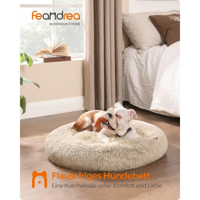 Кругле ліжко для собак та котів Feandrea з м'яким плюшем, діаметр 60 см, знімний наповнювач, Ombré-Сірий/Хакі