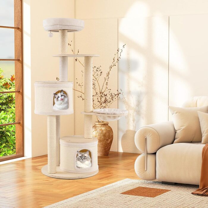 Дерев'яний кігтеточка для котів Costway 151 см з будиночком, гамаком та сизалевими стовпчиками