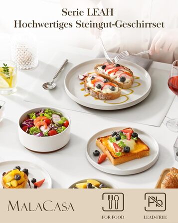 MALACASA Набір посуду з каменю 6 осіб, 18 предметів: тарілки, миски, супи, кераміка, білий з коричневим, посуд для сервірування столу