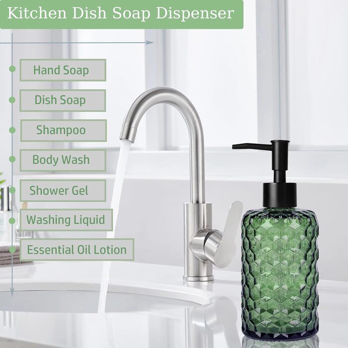 Скляний дозатор для мила 500 мл з хвильовим дизайном для ванної кімнати та кухні, з чорною пластиковою помпою, дерев'яними етикетками та воронкою (вугільний колір, зелений)