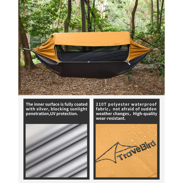 Гамак для кемпінгу 4-в-1 з москітною сіткою та знімним сонцезахистом, 290x140 см, для відпочинку на природі, пікніків, походов та подорожей. Армійний зелений та помаранчевий кольори.