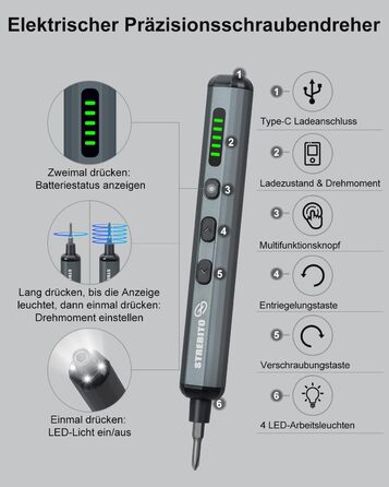 Міні-шуруповерт STREBITO 70-в-1: комплект з 64 бітами, 5 режимів крутного моменту, LED-підсвічуванням, сірий
