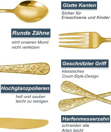 Набір столових приборів 24 предмети в золотистому вінтажному стилі для 6 осіб, нержавіюча сталь, з гравіюванням, високоякісне полірування