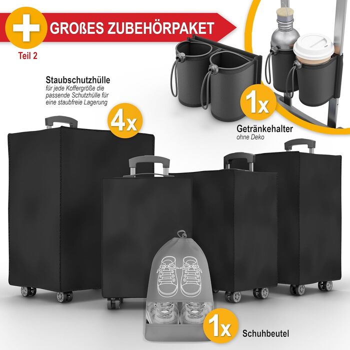 Преміум набір валіз 4 шт. – жорсткі валізи з TSA-замком, USB-порт – плюс ваги для валіз, ремені, адресники, тримач для напоїв, чохол для взуття, захисні чохли, рожевий