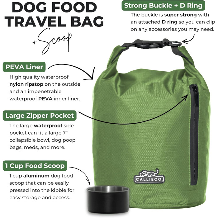 Трояк для корму для собак Callieco з лопаткою та кишеню на блискавці, водонепроникний контейнер для дому, подорожей на авто, кемпінгу, перельоту та іншого (64 порції) (64 чашки, зелений)