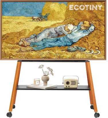 Підставка для телевізора ECOTINY на колесах для 49-75 дюймів, до 40 кг, Easel Design, металева конструкція та полиця з дерева, чорна