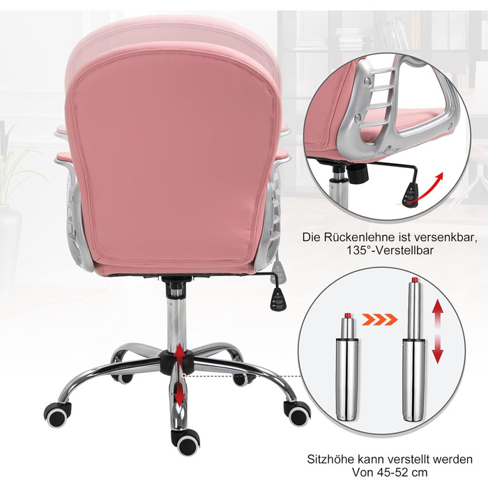 Крісло Vinsetto для дому та офісу: регульоване, обертове, рожеве, з штучної шкіри (до 120 кг)