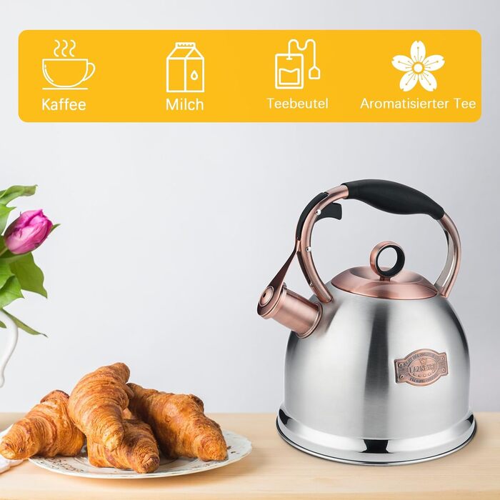 Чайник-свисток 3л з нержавіючої сталі, індукційний, з термостійкою ручкою (срібний)