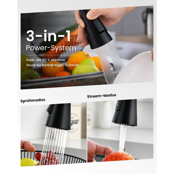 Кухонний змішувач DayOne з висувною лійкою, нержавіюча сталь SUS304, високий тиск, кухонний кран з 2 функціями, поворотний на 360°, для кухні (низький тиск, 247mb-niederdruck)