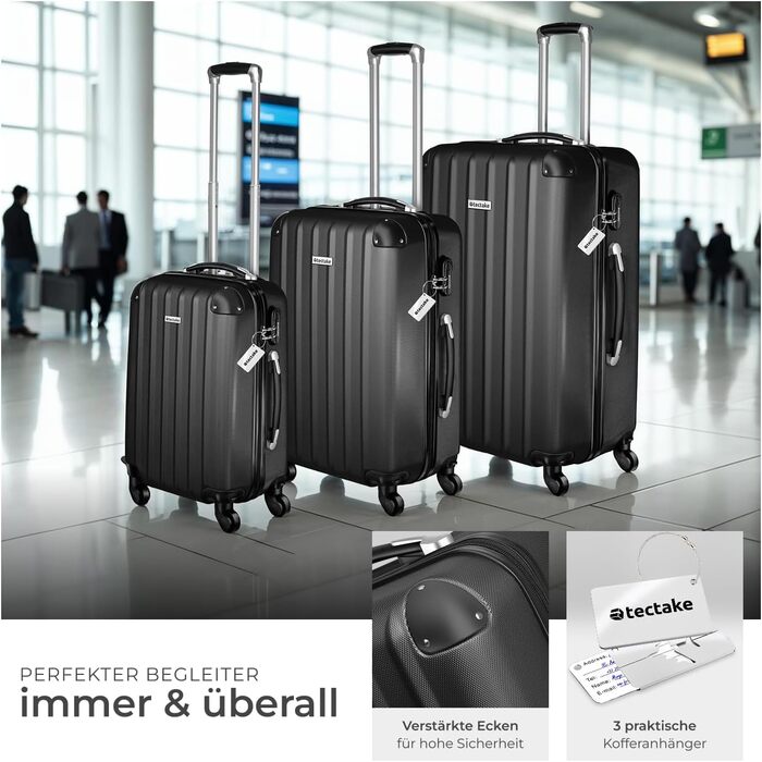 Набір валіз Tectake 3шт з ваговою та білгетом, M-L-XL, ABS, телескопічна ручка, чорний