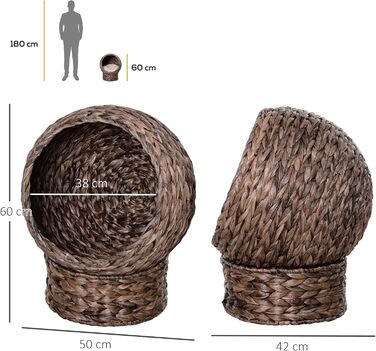 PawHut Rattan Cat Basket Cat Cave Cat House Cat Bed with Cushion Pet Bed Water Hyacinth 42 x 33 x 52 cm (50L x 42W x 60H cm, Coffee)