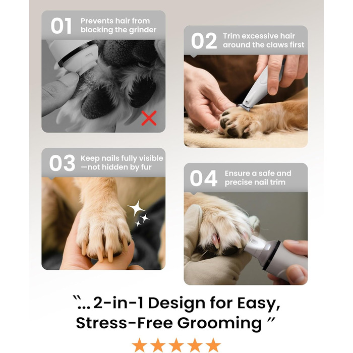 Триммер для стрижки кігтів та стрижка кігтів для собак 2 в 1, безшумний, акумуляторний, електричний, для великих, середніх та маленьких собак, білий