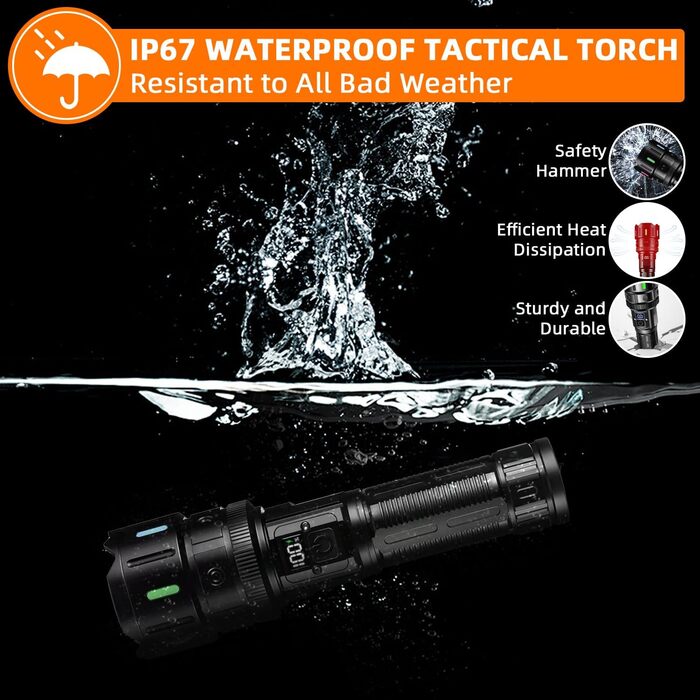 LED ліхтарик на акумуляторі, надзвичайно яскравий 1200000 люмен, з функцією зуму, тактичний, з 5 режимами світла, водонепроникний IP67, для кемпінгу, риболовлі, походів, активного відпочинку, чорний