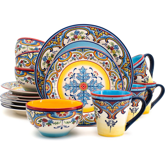 Набір посуду Euro Ceramica Zanzibar Collection, 16 предметів, для кухні та їдальні, на 4 особи, з іспанським квітковим візерунком, блакитно-жовтий посудовий набір