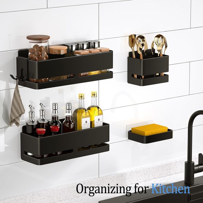 Набір полиць для ванної кімнати (5 шт.) з мильничкою та тримачем для зубних щіток, без свердління, для ванної та кухні (Сірий/Чорний)