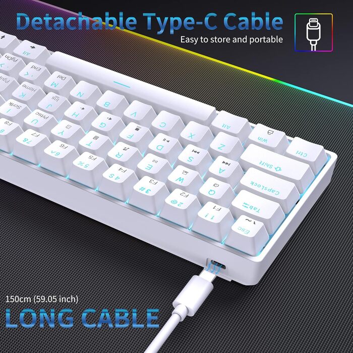 Dierya DK61se - Механічна ігрова клавіатура 60%, Blue Switch, компактний дизайн, USB-C, US Layout, білий колір