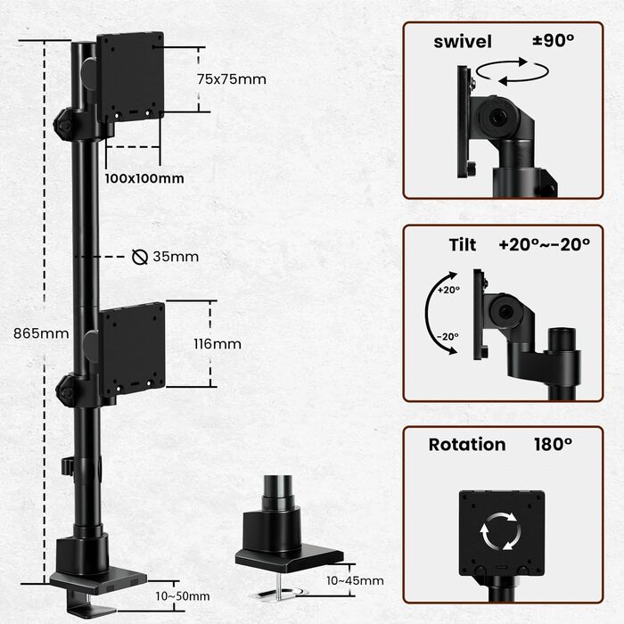 Кріплення для монітора 2 монітори один над одним, 24-57 дюймів, для плоских та вигнутих екранів, вантажопідйомність 2-27 кг, чорний