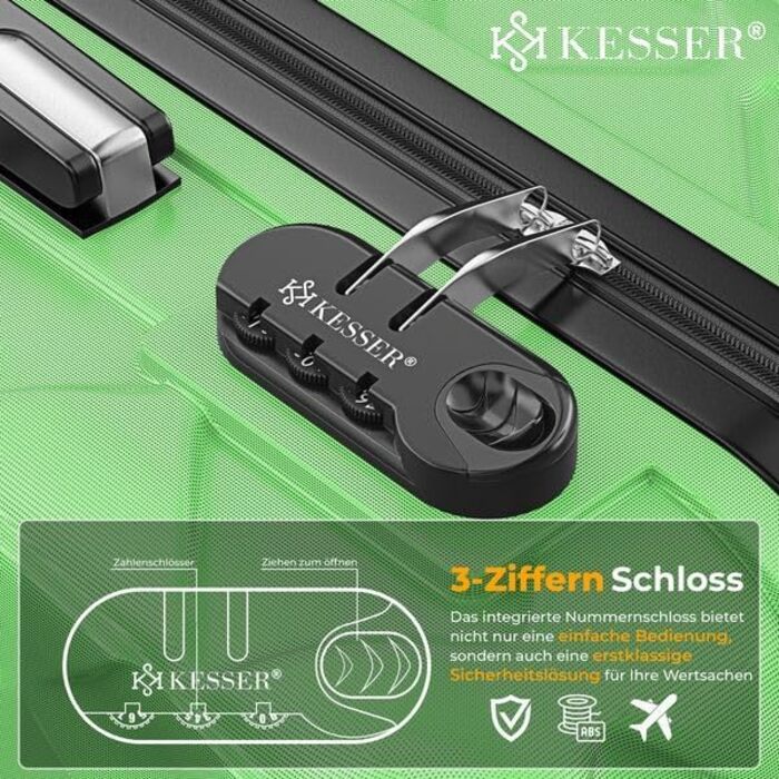 Набір валіз KESSER® 4 шт. | ABS валізи з кодовим замком, ваговою системою та органайзером для подорожей | Ручна та велика поїздка, бізнес та валіза-тележка (яблучно-зелений)