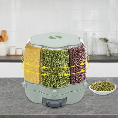 Диспенсер для круп і мюслі fennnds, 2 кольори, 6 секцій, 25×25×27 см, обертовий на 360°, з мірною чашею, для мюслі, пластівців, рису, сої, кукурудзи (Matcha)