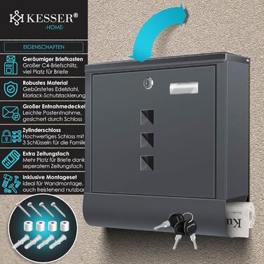 Поштова скринька KESSER® з газетницею та іменним табличкою, нержавіюча сталь, антрацит. Замок на 3 ключі, з віконцем, порошкове покриття, настінний монтаж