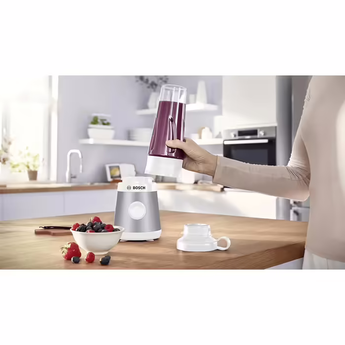 Bosch VitaPower Series 2 Stand Mixer MMB2111T, Mini Highspeed Mixer, up to 40,000 rpm, 450 W, silver & Bosch ToGo Bottle MMZBT01B, Smoothie ToGo Bottle 0.6 L, shatterproof, robust Silver / White Bundle with ToGo Bottle