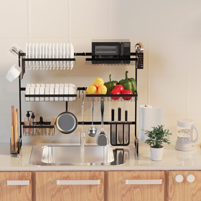 Сушарка для посуду на мийку, 3-ярусна, нержавіюча сталь, регульована (84-102 см), велика сушарка для стільниці (чорна)