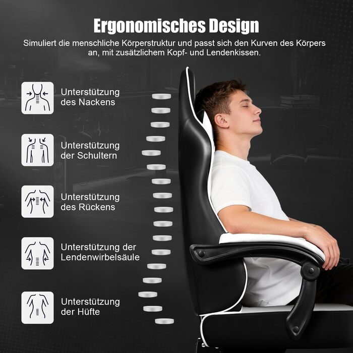 Геймерське крісло з підставкою для ніг, біле, до 150 кг - Ergonomischer Gaming Stuhl
