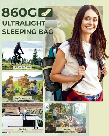 Ohuhu Lightweight Sleeping Bag - Compact & Ultralight (900g) Summer Sleeping Bag for Camping, Travel, Festivals - Indoor/Outdoor Use - Black