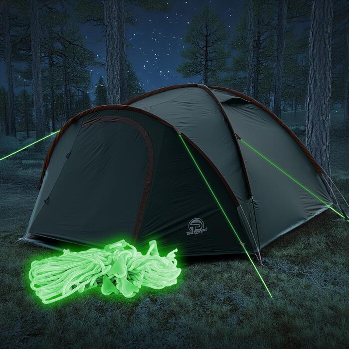 Намет кемпінговий Campingzelt 3-4 особи двошаровий зелено-коричневий: водонепроникний, з москітною сіткою, затемненим внутрішнім простором, флюоресцентними відтяжками та килимком для передпокою