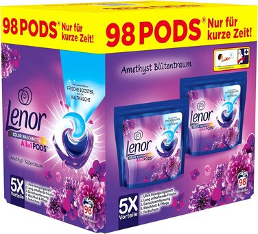 Капсули для прання кольорових речей Lenor All-in-1 PODS Amethyst Blütentraum, гігієнічне глибоке очищення та тривала свіжість, 98 шт