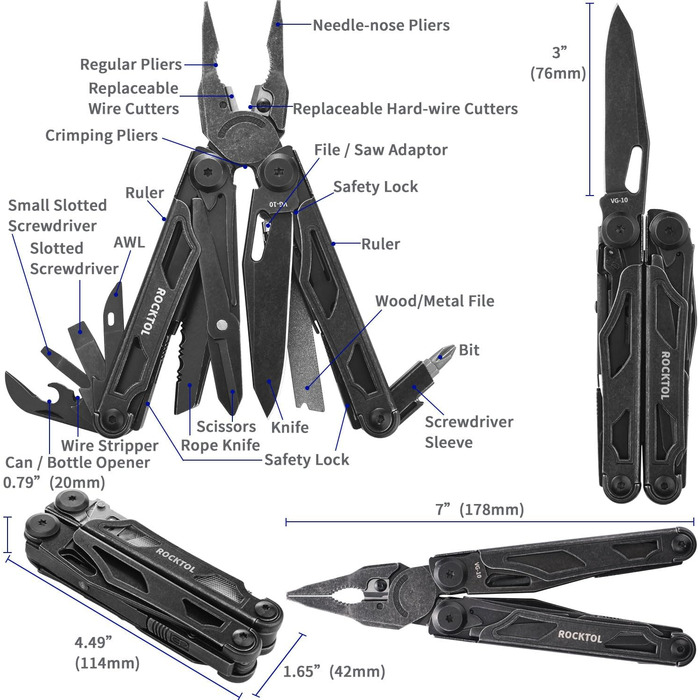 ROCKTOL Мультитул 29-в-1: Плієри, кусачки, пилка, сталь, для кемпінгу та виживання