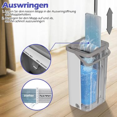 Набір для миття підлоги з відром, вичавлювач для підлоги, набір мопів 2 в 1 з регульованою ручкою з нержавіючої сталі та 6 мікрофібровими насадками, підходить для плитки та ламінату (моп з відром - білий)