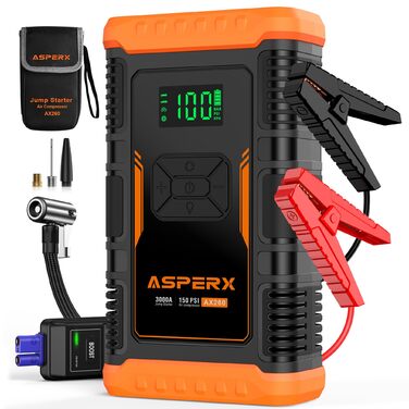 Powerbank з компресором ASPERX Starthilfe: 150PSI, 3000A, LED ліхтарик, для 12V авто, мото, SUV (до 10L бензину або 8L дизеля)