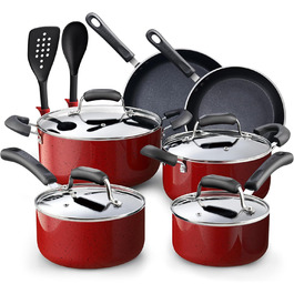 Набір кухонного посуду Cook N Home 2601 з антипригарним покриттям, мармур, алюміній, червоний (Marble Red)