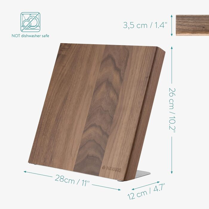 Navaris Magnetic Knife Holder from Walnut Wood 27.7x 27.5x12cm - Magnetic Knife Block Knife Board Wood Magnet Holder - Knife Holder Unfurnished Brown