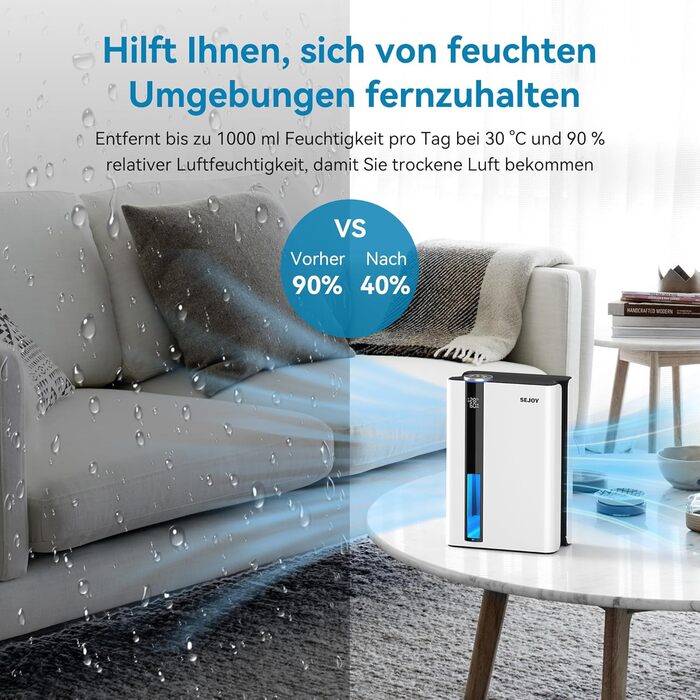 Електричний осушувач повітря Sejoy з пультом дистанційного керування, LED-індикатором вологості, резервуаром 2,5 л, продуктивністю 1000 мл/день, 7-кольоровою підсвіткою, портативний, тихий режим сну 35dB