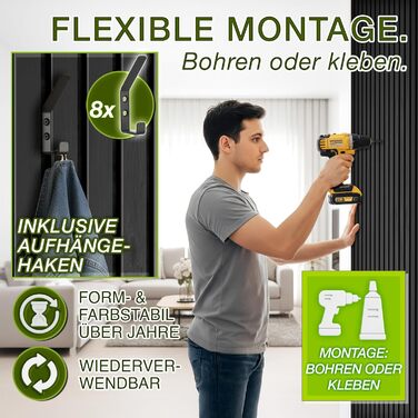 Акустичні панелі TRESKO з дерева 120×60×2,1 см (4 шт), 3D стінові ламелі для шумоізоляції, колір дуб чорний, з набором 8 гачків та монтажним комплектом