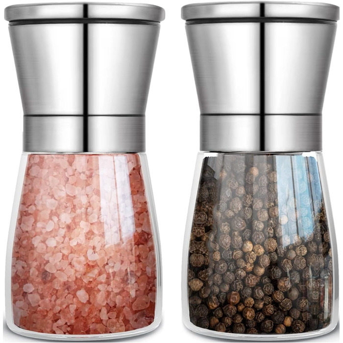 Набір з 2 мельниць для солі та перцю - сталеві та скляні з регульованим керамічним жорном, з можливістю поповнення, для солі та перцю