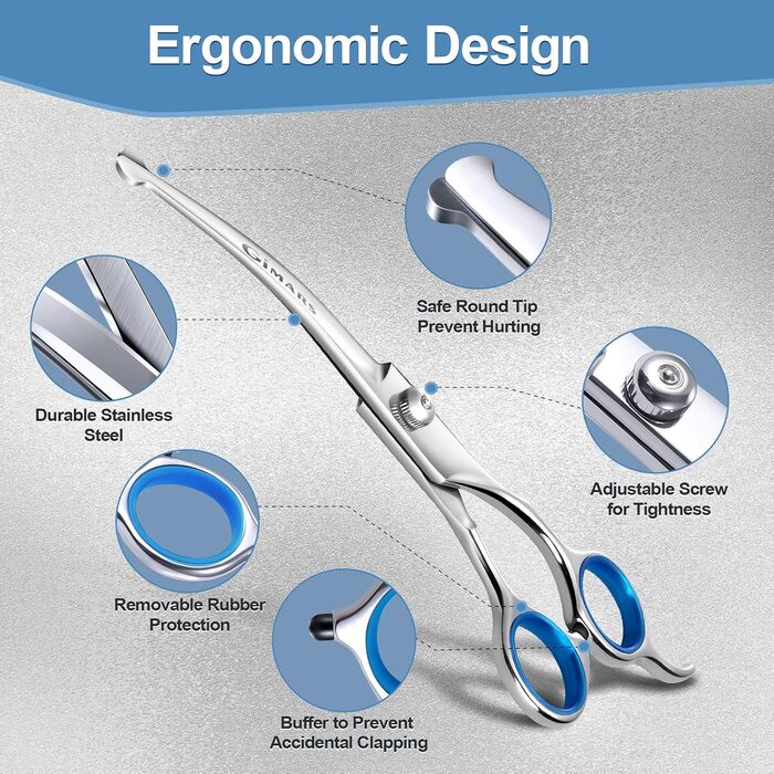 Професійна ножиця для собак 5-в-1 Gimars: 4CR сталь, безпечна закруглена накінечник, титанове покриття, пряма, філірувальна та вигнута (Блакитний)