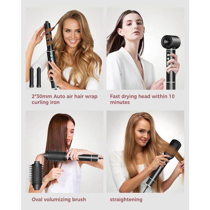 Airstyler 5 в 1: Фен-щітка з іонізацією, 5 насадок, 20 м/с, 110 000 об/хв, легкий (340г), чорний