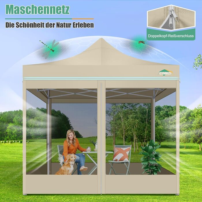 COBIZI Pavilion 3x3m Foldable, Waterproof & Winterproof (Khaki) – Stable Garden Tent with 23mm Steel Pipe, UV50+ and Mosquito Nets for Camping/Parties + Carrying Bag