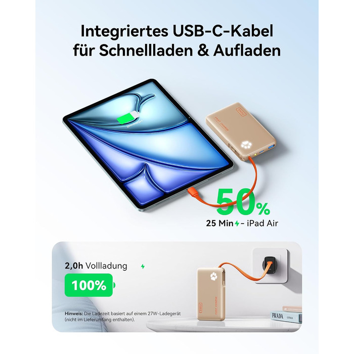 Повербанк INIU 10000mAh 45W з вбудованим кабелем USB-C, швидка зарядка для iPhone 17 16 Pro, Samsung S26 S25, Xiaomi, iPad (Зелений)