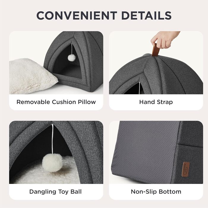 Ліжко для котів BEDSURE - велика печера для котів, 44x44x44 см. Знімний лежак з Sherpa та іграшками. Легко миється. (40x40x40 см, темно-сірий)