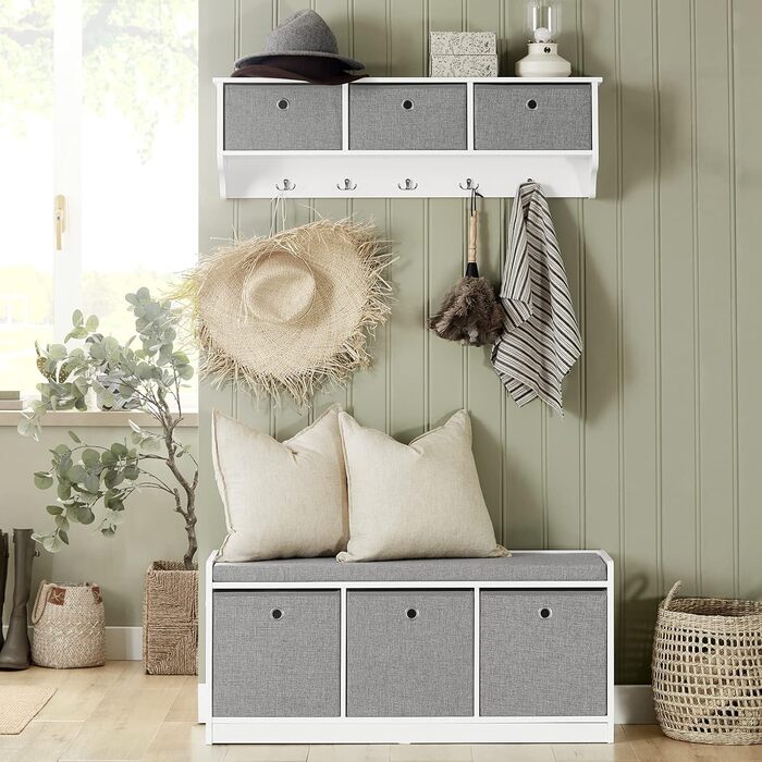 SoBuy FSR65-DG Storage Ottoman Bench, Shoe Bench with Seating Area, Shoe Chest with 3 Gray Baskets, White, WxDxH approx.: 102x45x32cm, 3 Baskets White