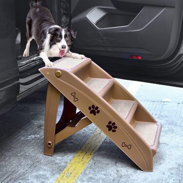 Сходинки для домашніх тварин GYMAX з 4 сходинками, складана драбинка для собак і котів з пластику, з антиковзкими накладками, 4 килимками та трикутною структурою, допомога у підйомі для котів та собак (колір: кава)